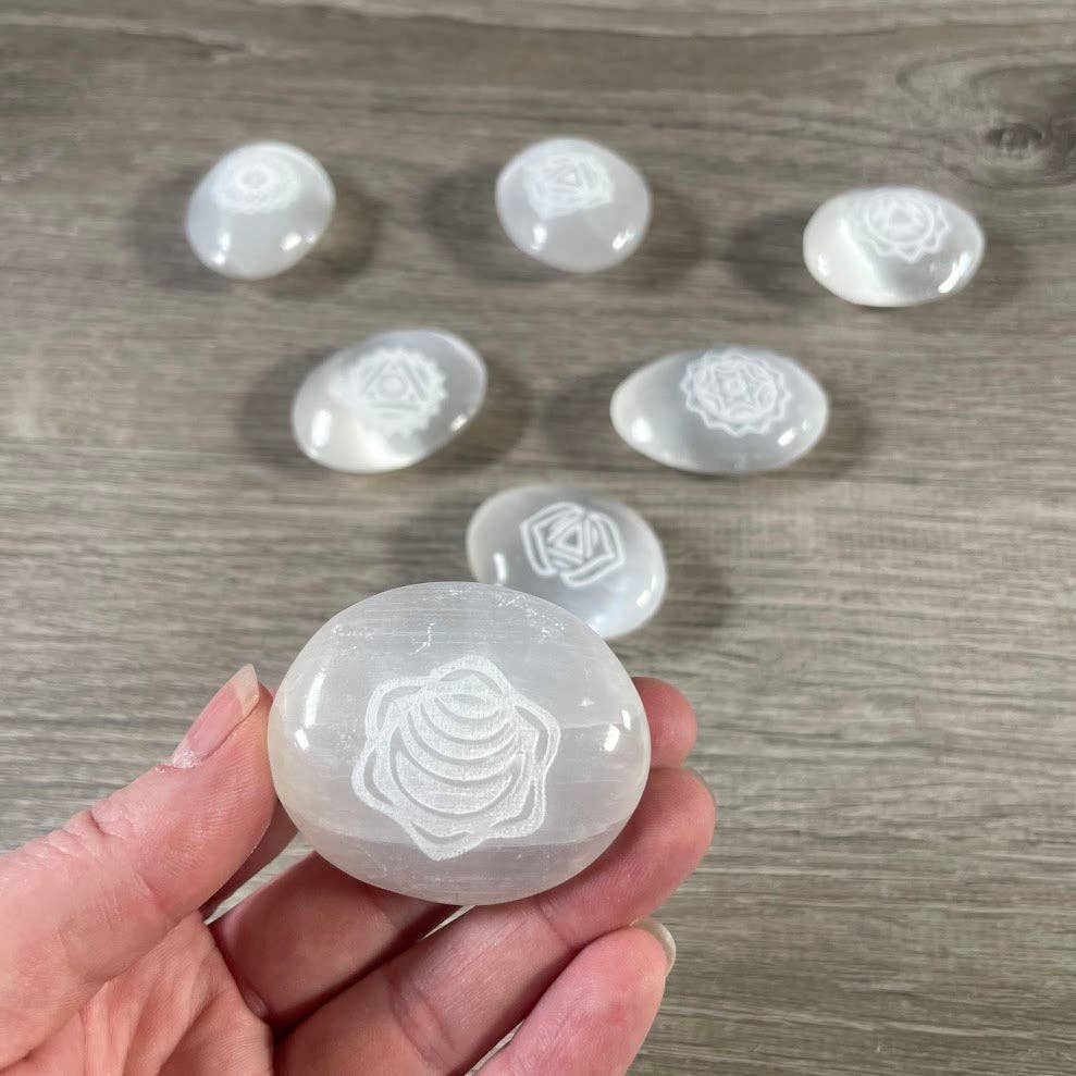 Selenite Small Palm Stones – Etched Chakra Symbols | Set of 7