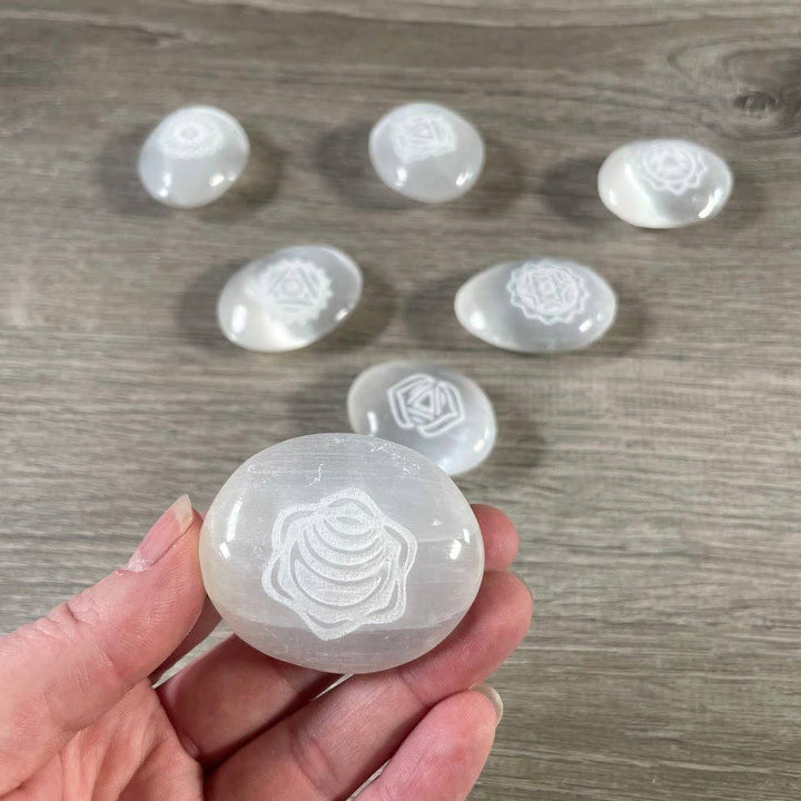Selenite Small Palm Stones – Etched Chakra Symbols | Set of 7