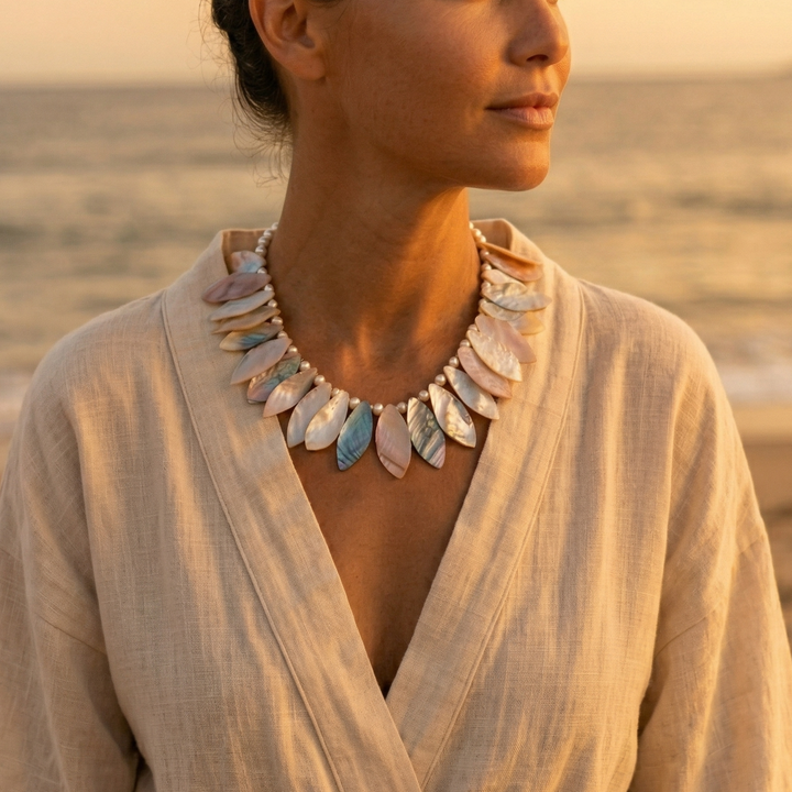 Coastal Abalone Shell &amp; Pearl Collar Necklace handmade boho artisan ocean jewelry