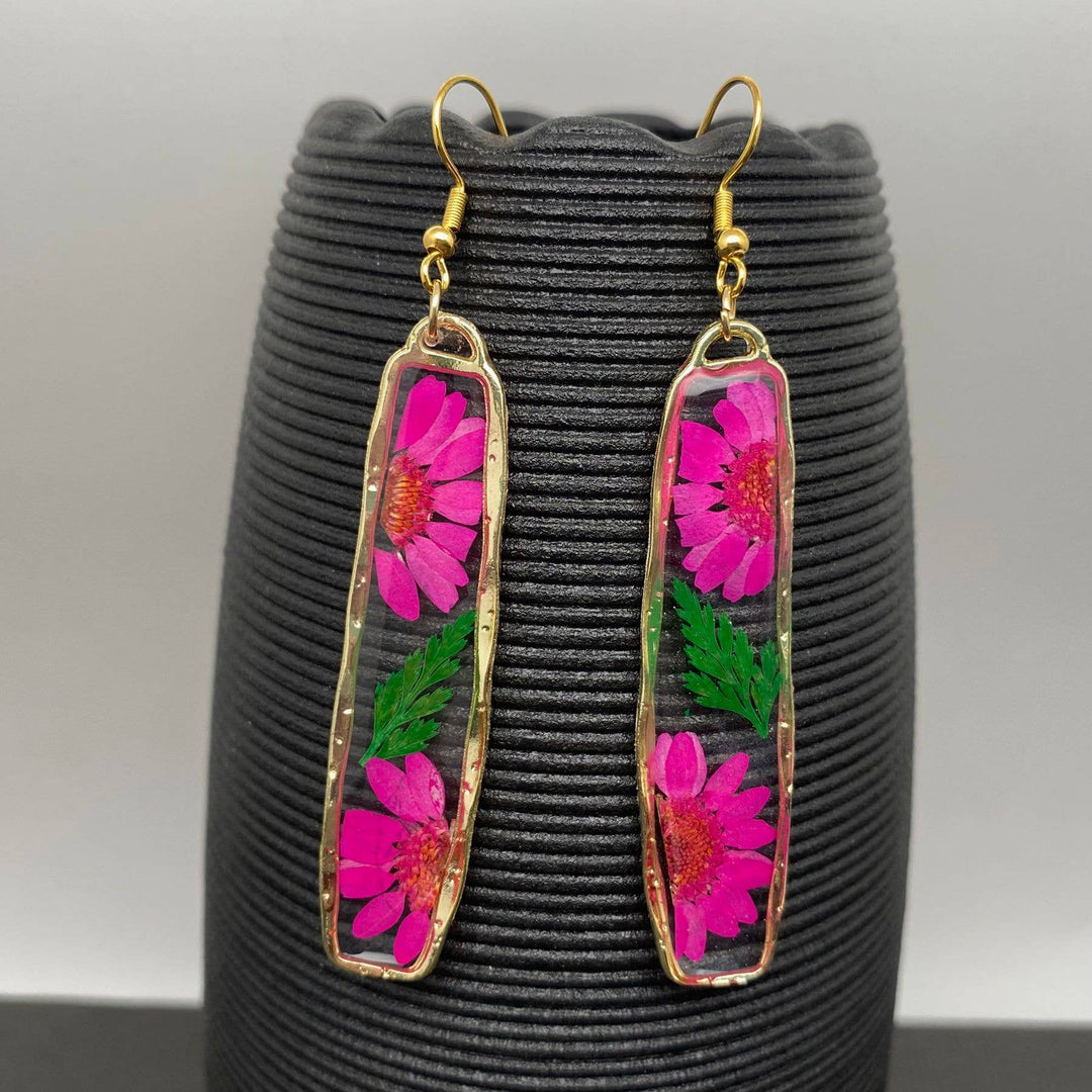 Pressed dried flower long rectangular earrings handcrafted for a coastal bohemian spirit
