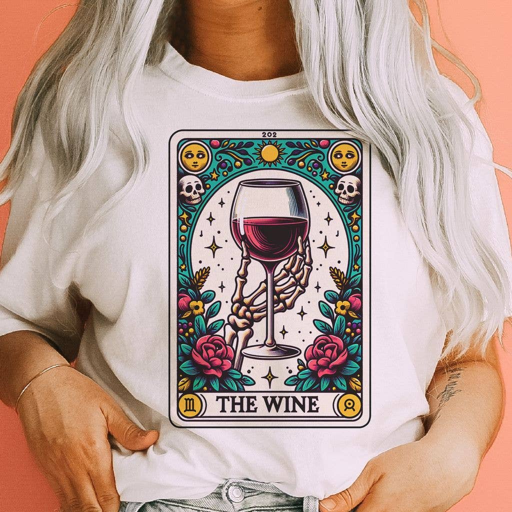 Wine Tarot Graphic Tee for boho coastal hippies who love mystic wine vibes