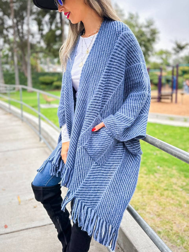 Navy chevron knitted ruana cardigan with tassel and pocket for coastal style