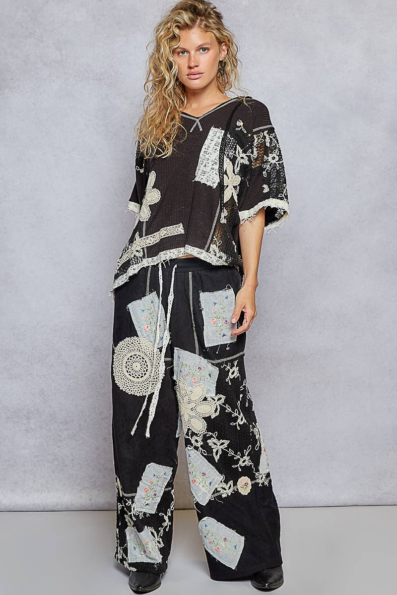 Lace Patch Detail Woven Pants