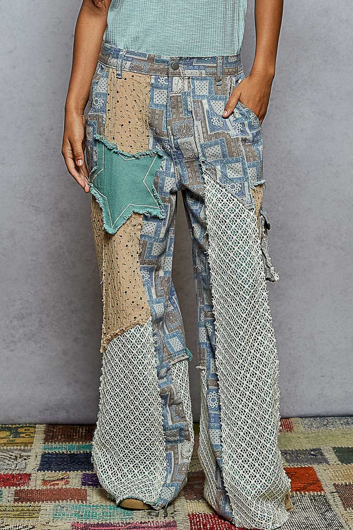 Printed Patchwork Detail Woven Twill Pants Blue/Teal