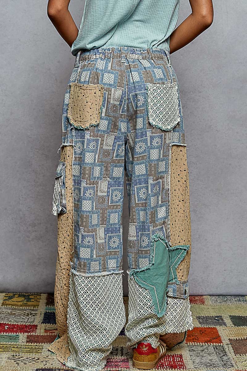 Printed Patchwork Detail Woven Twill Pants Blue/Teal