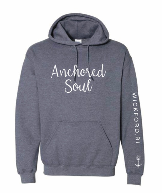 Anchored Soul Heather Navy Hoodie - Wickford, RI - Embroidered Anchor