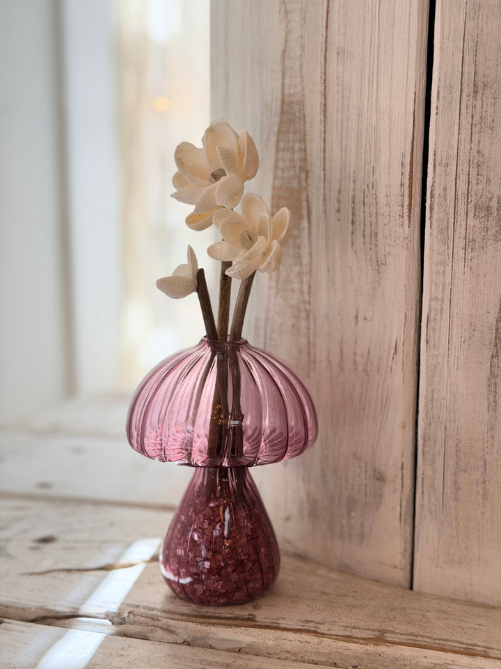 Anchored Soul Mushroom ZenFlower with fluorite crystal on handcrafted coastal driftwood art