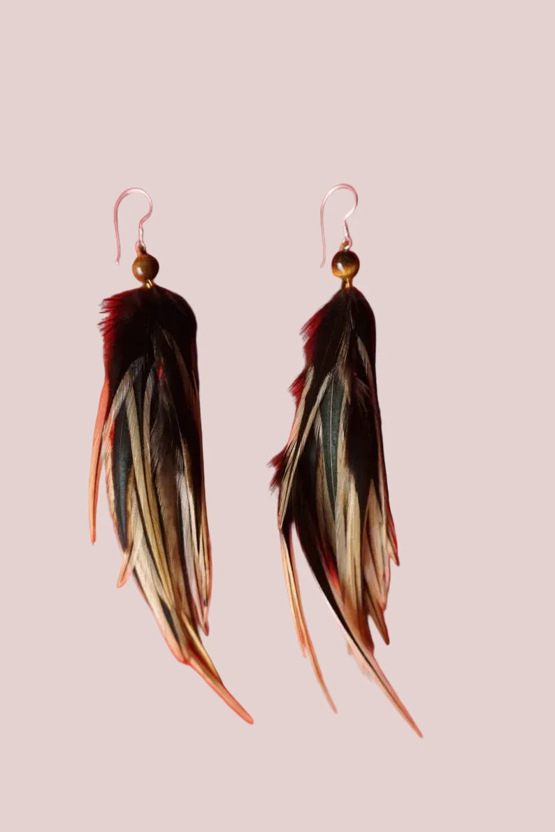 Handmade Bali feather earrings with tiger eye in black and tan tones