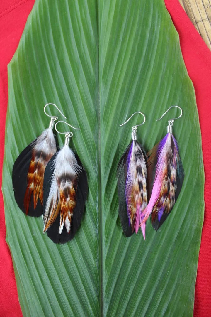 Handmade Bali Feather Earrings in black and purple from Anchored Soul boutique