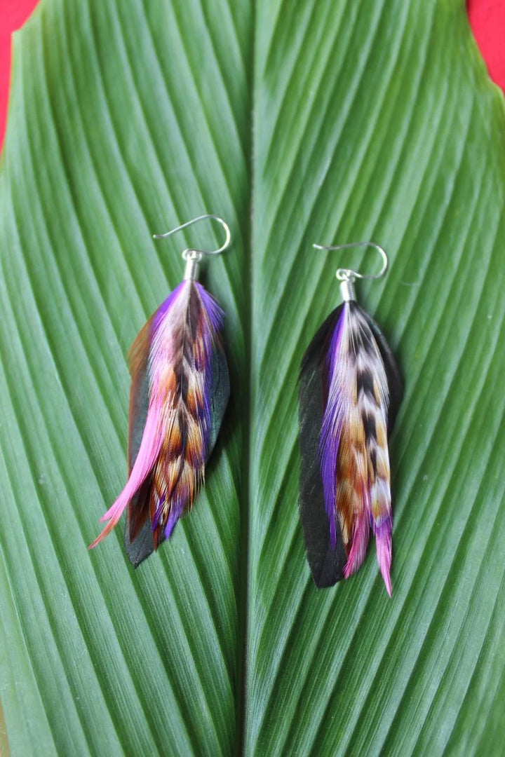 Handmade Bali Feather Earrings in black and purple, short boho artisan style