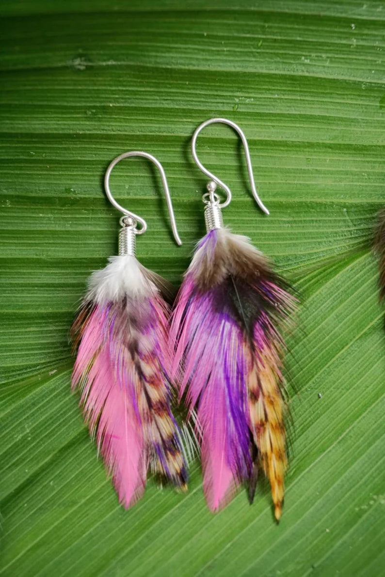 Handmade Bali Feather Earrings in brown white and pink boho coastal style