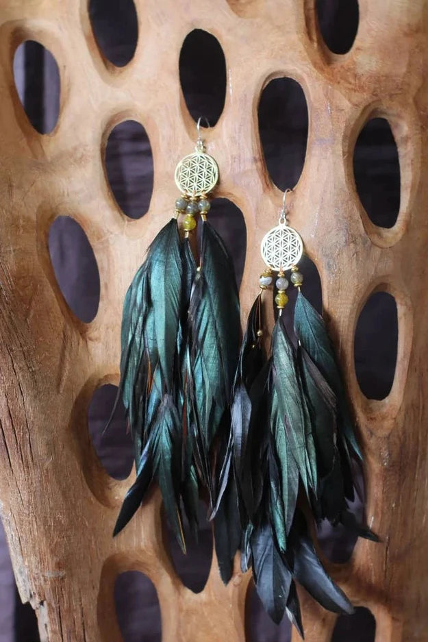 Handmade Bali feather earrings with Flower of Life design in black and green