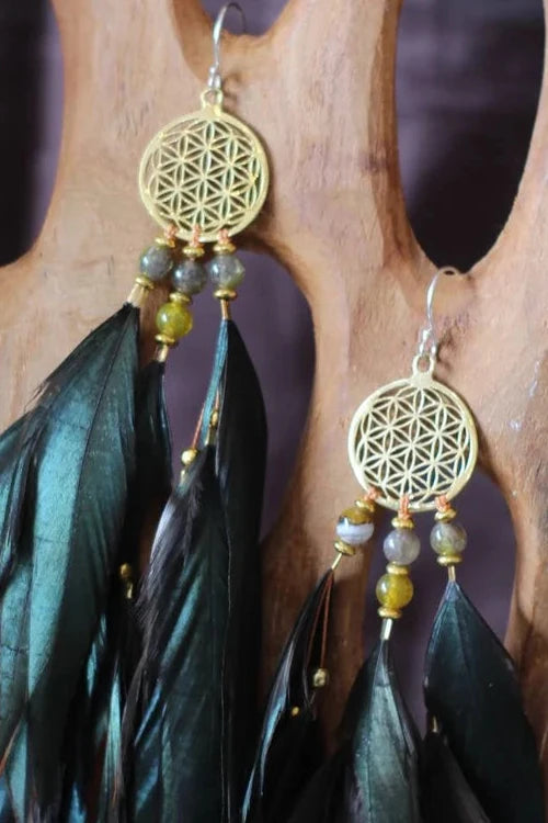 Handmade Bali feather earrings with Flower of Life design in black and green