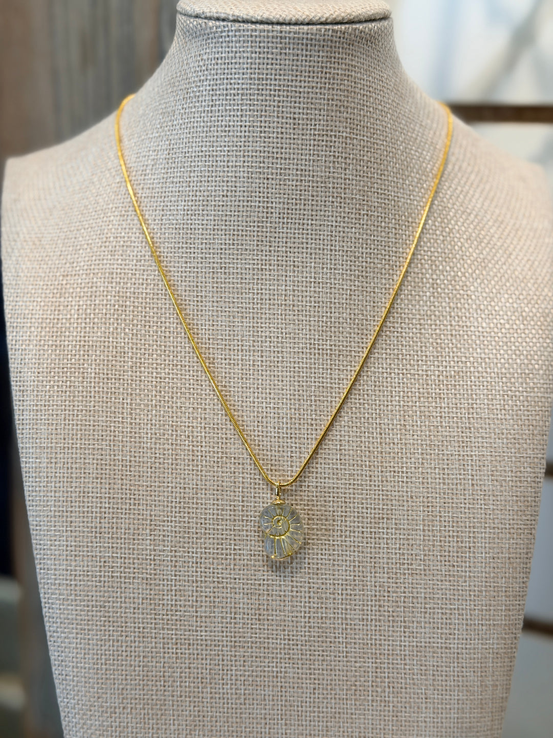 24K gold filled necklace with 18K clear nautilus pendant for coastal boho layering