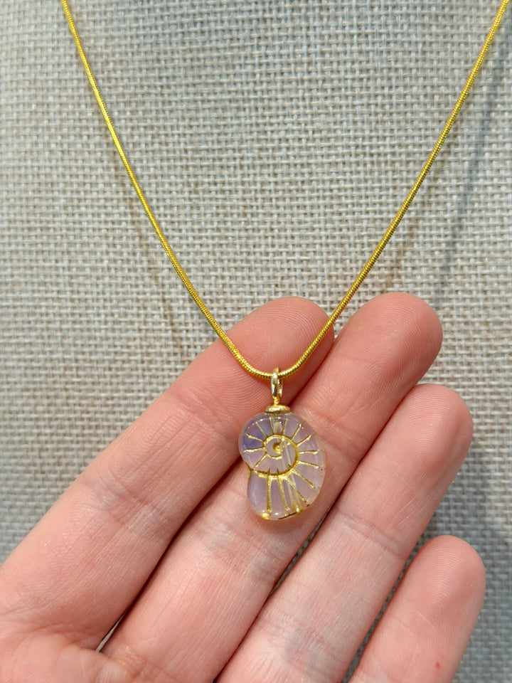 24K gold filled necklace with 18K clear nautilus pendant for coastal boho style