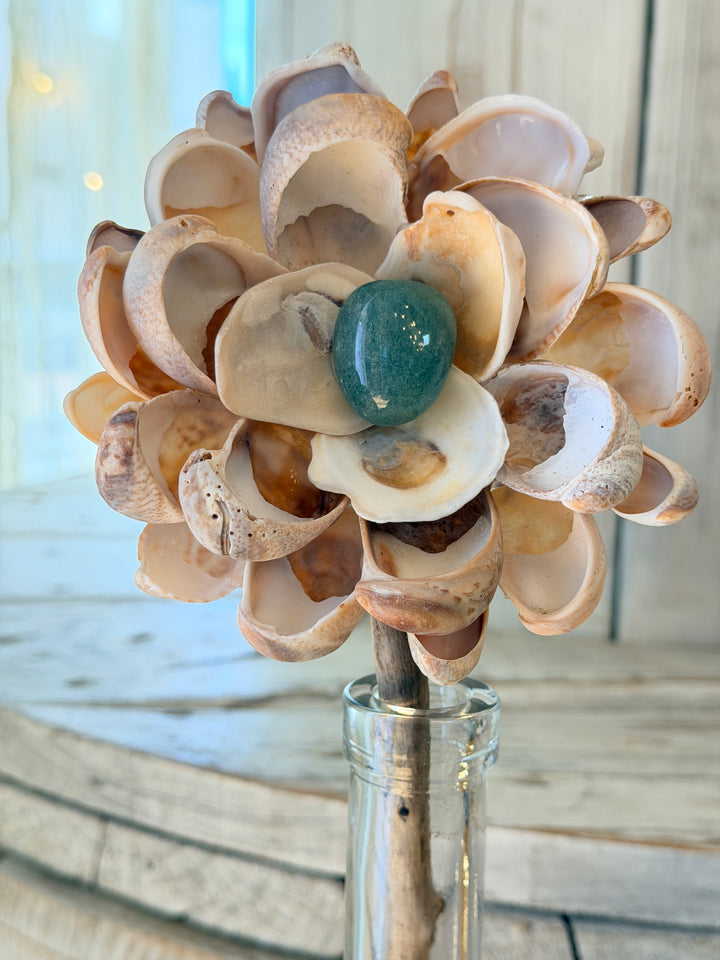 Tall ZenFlower with green aventurine crystals and seashells handcrafted coastal healing art