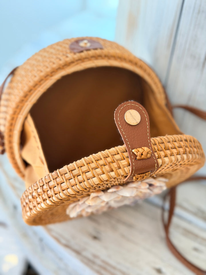 ZenFlower Tan Rattan Bag with Clear Quartz healing crystal seashell flower art