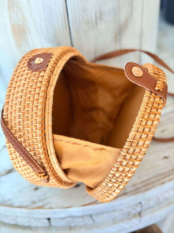 ZenFlower tan rattan bag with clear quartz seashell flower healing crystal art