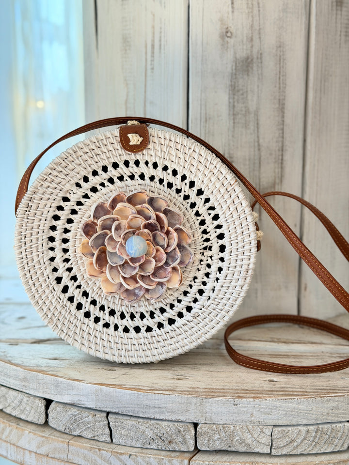 Anchored Soul ZenFlower White Rattan Bag with opalite healing crystal seashell flower art