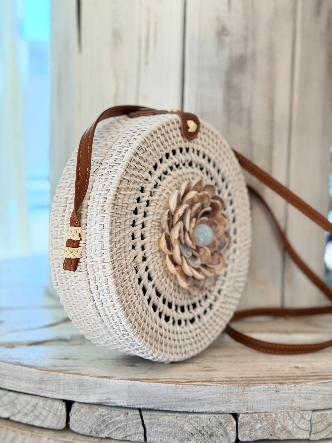 ZenFlower White Rattan Bag with Opalite crystal by Anchored Soul coastal boutique