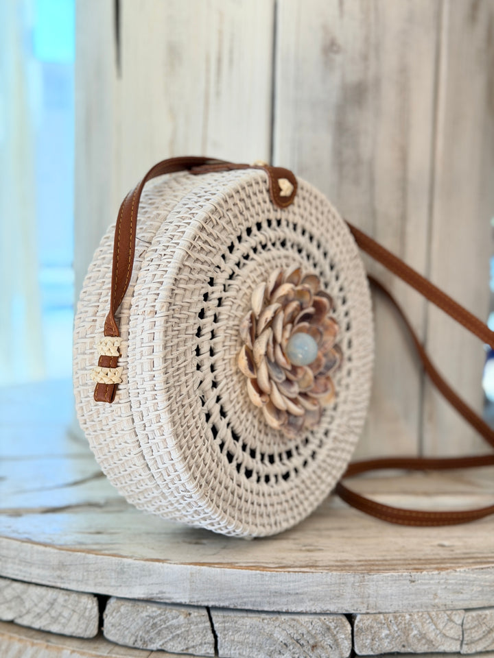 ZenFlower White Rattan Bag with Opalite crystal by Anchored Soul coastal boutique