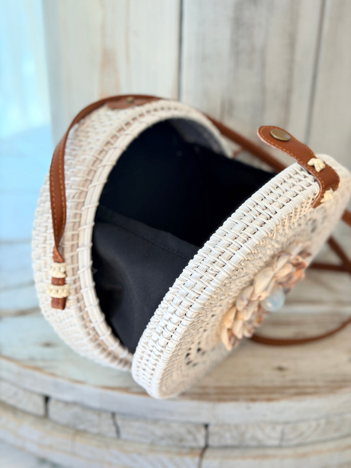 ZenFlower White Rattan Bag with Opalite crystal seashell flower healing art