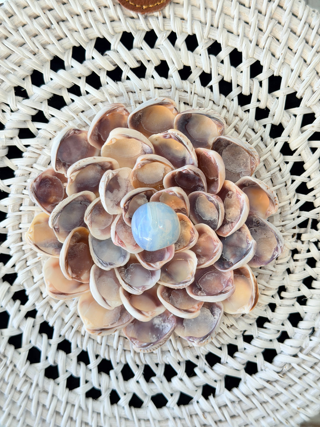 ZenFlower White Rattan Bag with Opalite crystal seashell flower healing art