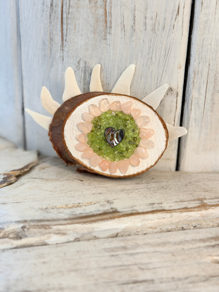 Anchored Soul evil eye wall art with peridot and rose quartz crystals coastal boho decor