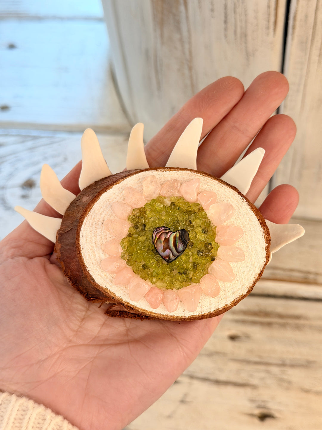 Anchored Soul evil eye wall art with peridot and rose quartz crystals handmade coastal boho