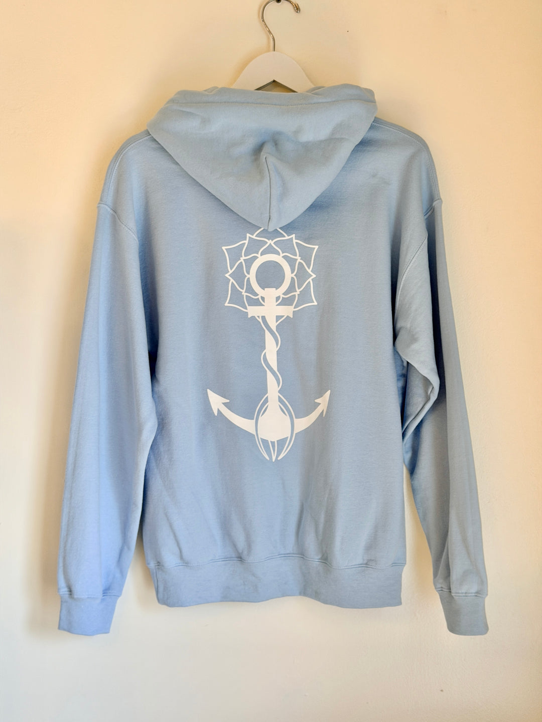 Light blue Anchored Soul hoodie with anchor graphic, coastal boho style, Wickford RI