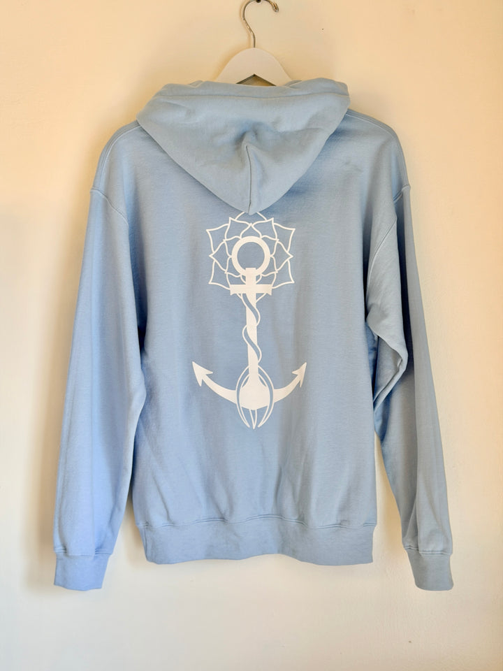 Light blue Anchored Soul hoodie with anchor graphic, coastal boho style, Wickford RI