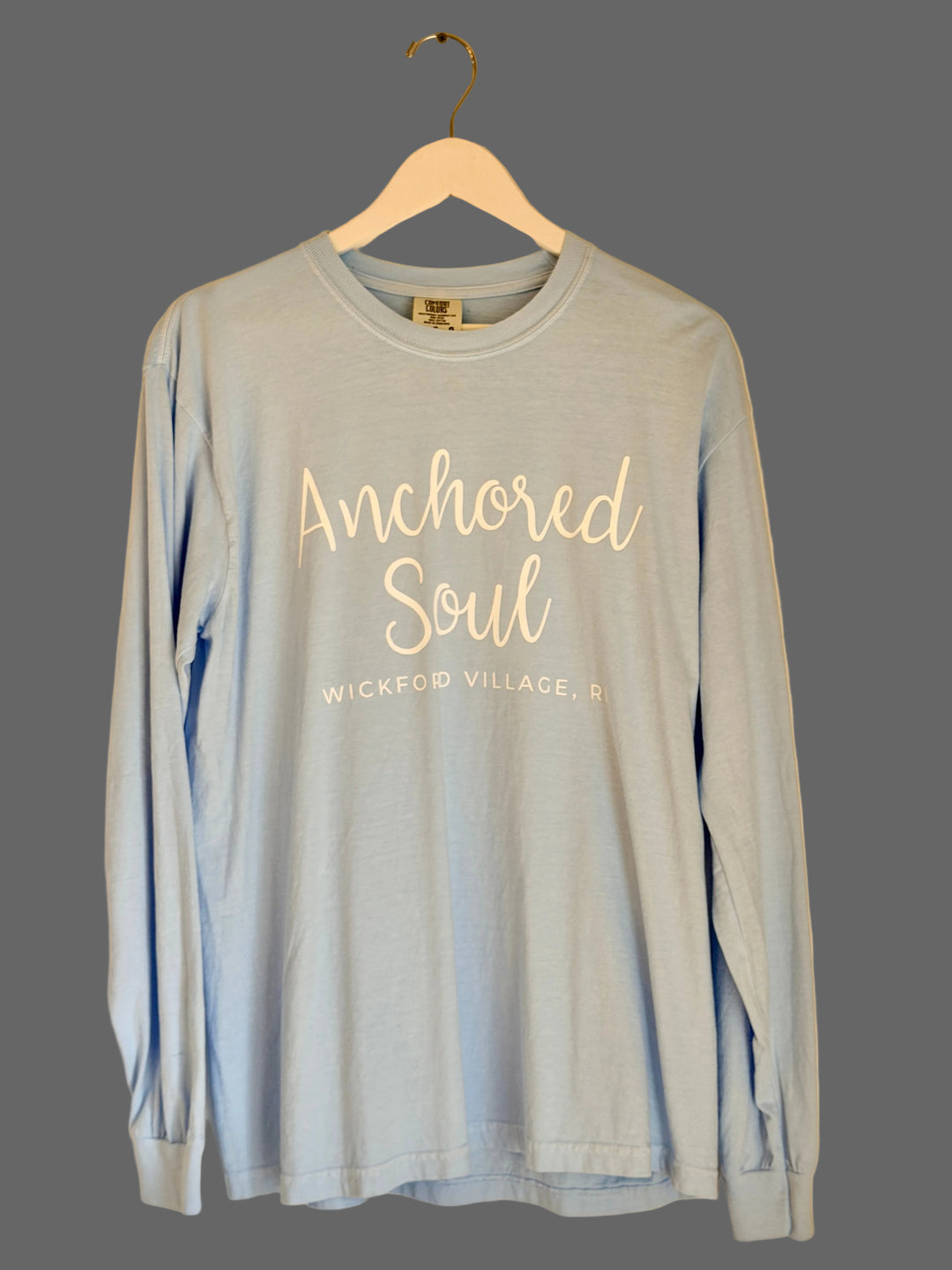 Light blue long sleeve tee with anchor graphic from Anchored Soul Wickford Rhode Island