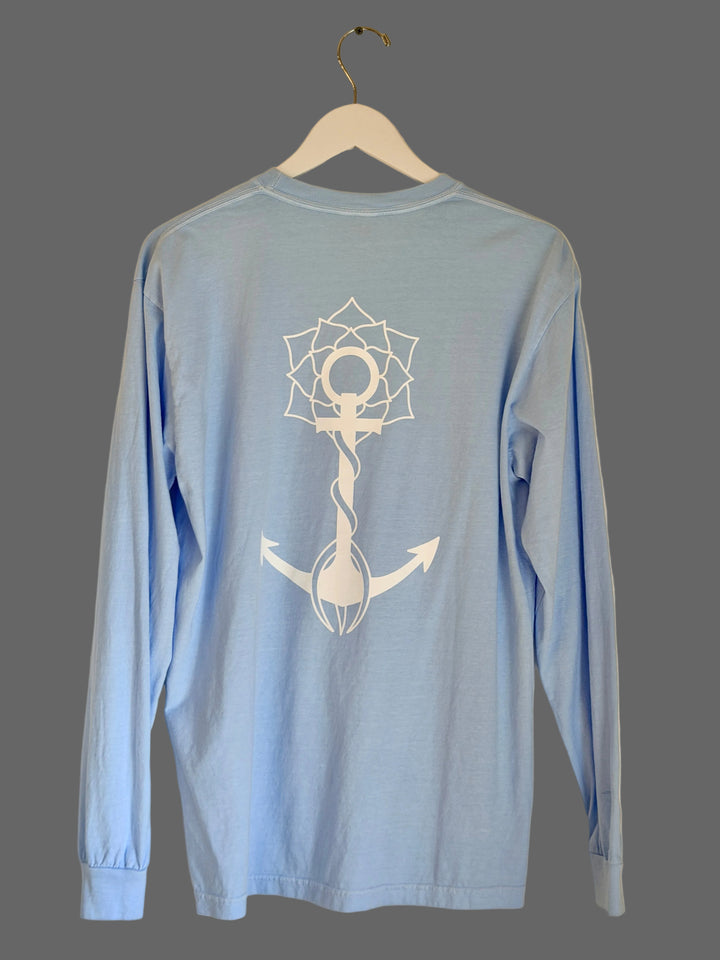 Light blue long sleeve tee with anchor graphic for Wickford Rhode Island coastal style