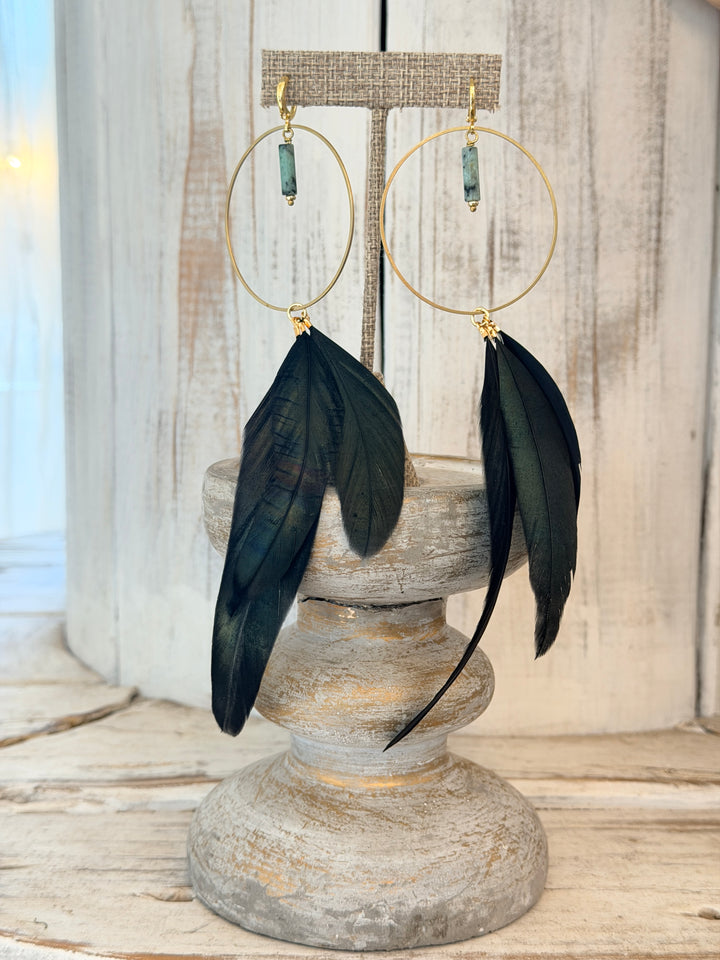 War Goddess Feather Earrings W/ Gemstones