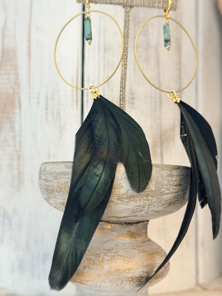 War Goddess Feather Earrings W/ Gemstones