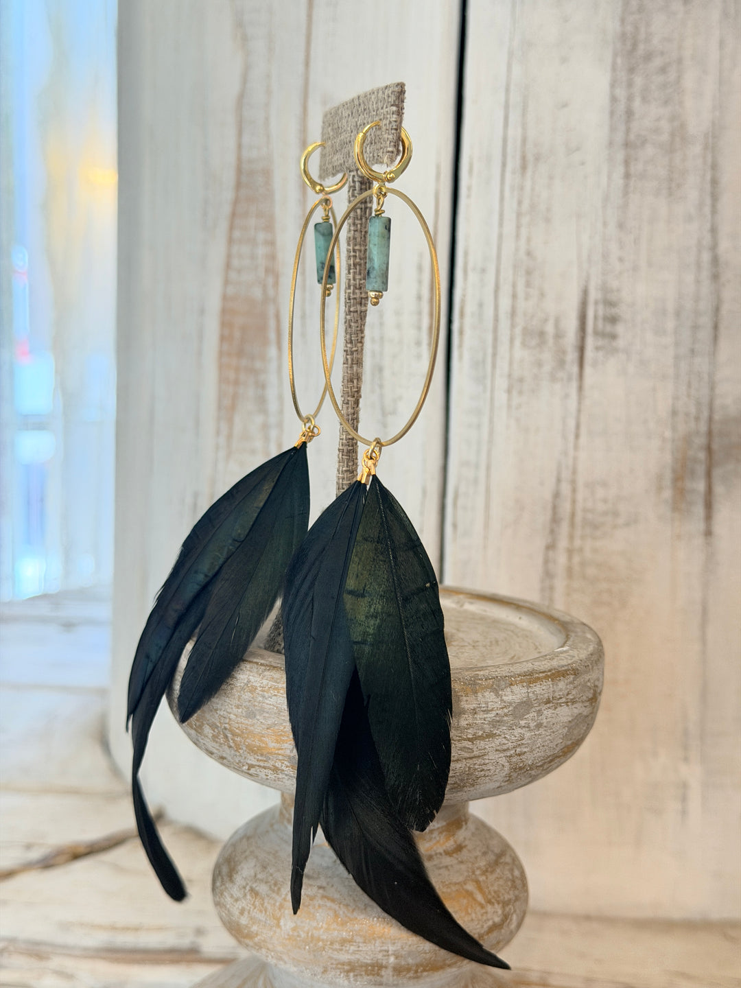 War Goddess Feather Earrings W/ Gemstones