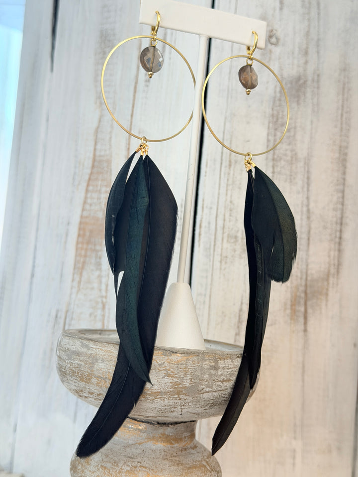 War Goddess Feather Earrings W/ Gemstones