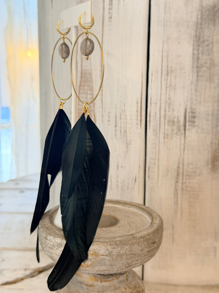 War Goddess Feather Earrings W/ Gemstones