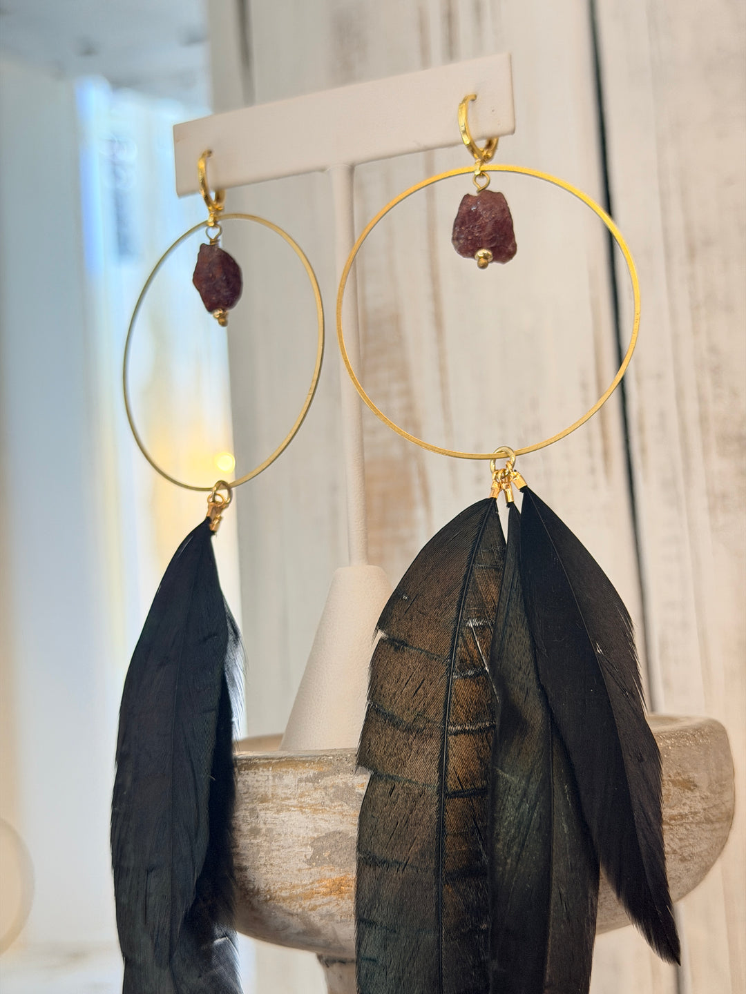 War Goddess Feather Earrings W/ Gemstones