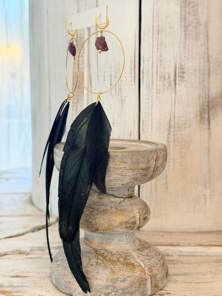 War Goddess Feather Earrings W/ Gemstones