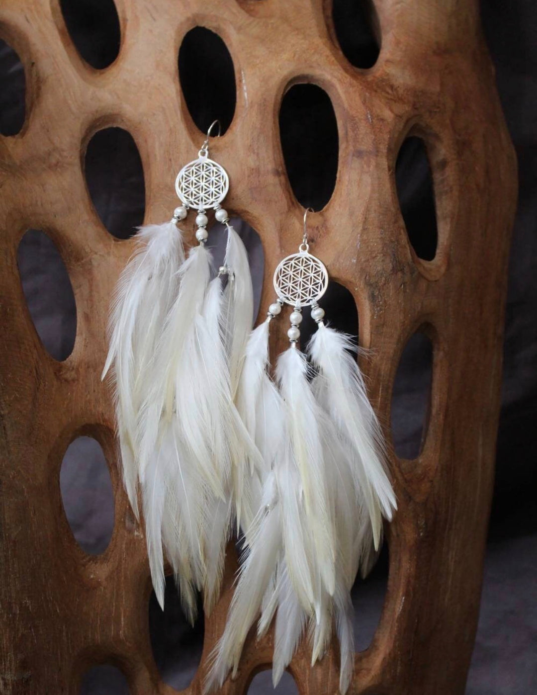 Handmade Bali Feather Earrings | Flower of Life | White &amp; Silver