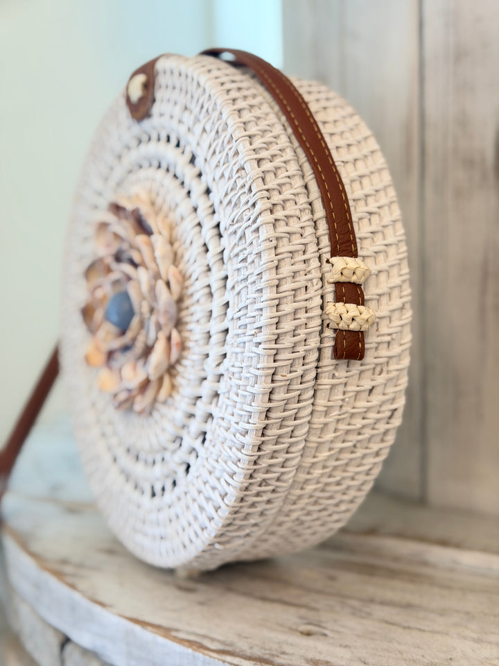 Anchored Soul | ZenFlower White Rattan Bag | Angelite