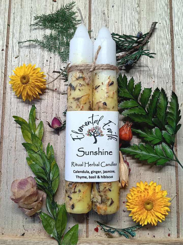 Sunshine Herbal Intention 6 Inch Candles with citrus lemon honeysuckle scent for coastal boho decor