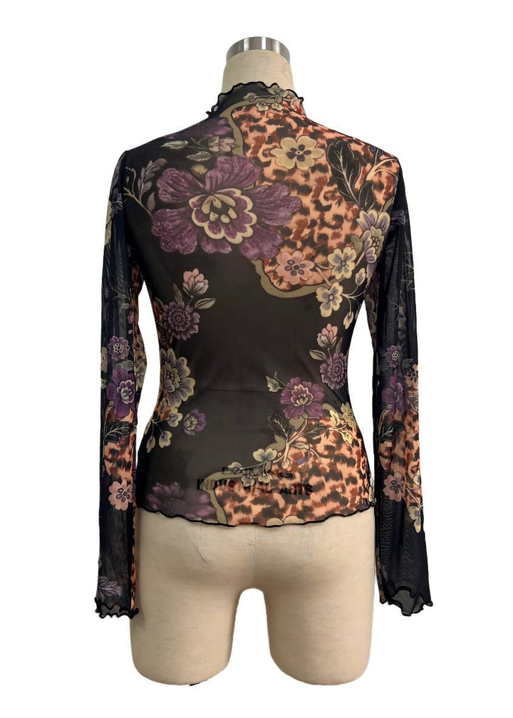 Vintage Floral Print Mesh Long Sleeve Slim Fit Top