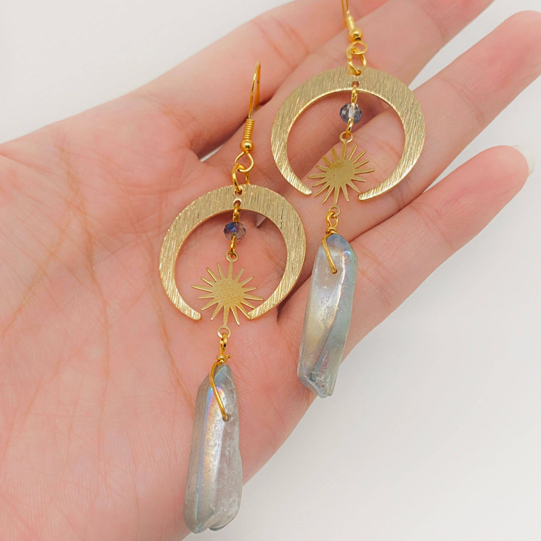 Gray Crystal Pendant Earrings | Moon &amp; Stars