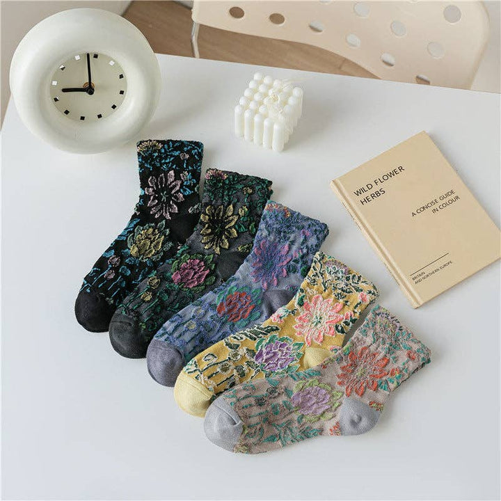 Retro Flower Pattern Mid-Calf Socks 5-Pack with vintage floral boho coastal style