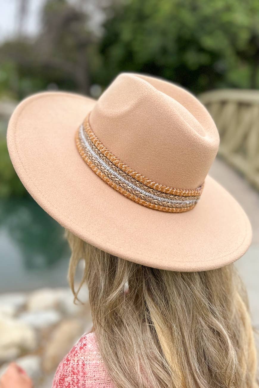 Nude fedora hat with shimmery trim for effortless boho coastal summer style