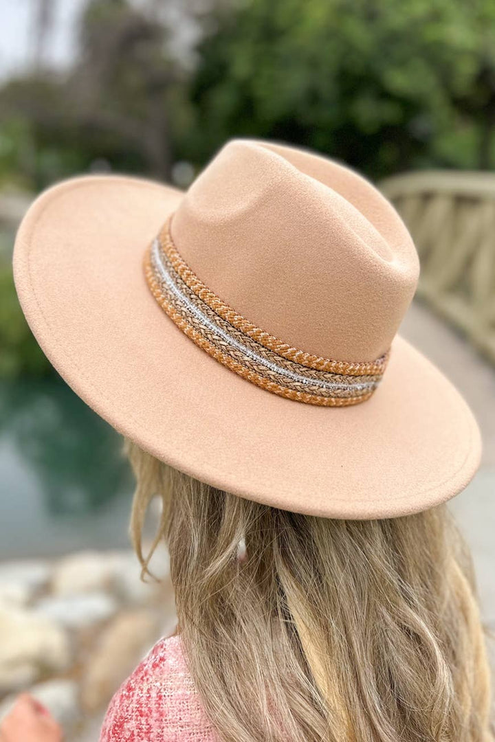 Nude fedora hat with shimmery trim for effortless boho coastal summer style