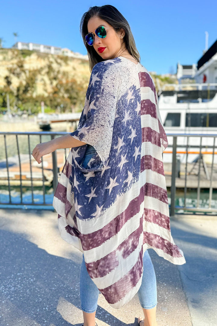 Vintage American Flag Printed Kimono Cover Up for boho coastal summer style