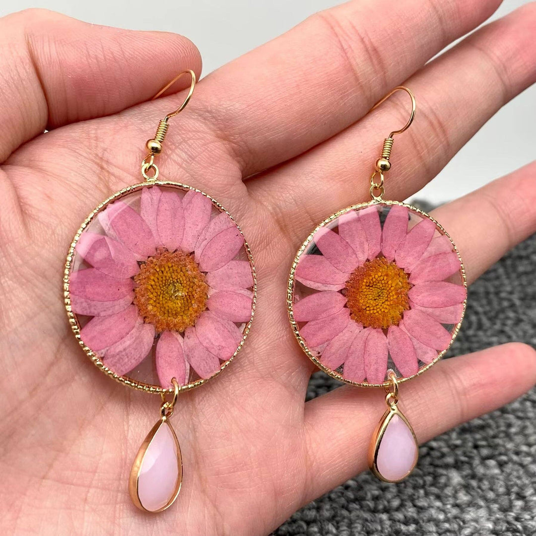 Pink Chrysanthemum Dried Flower Round Earrings handcrafted for a coastal bohemian spirit